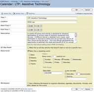 Image shows a screen shot of inputting, editing, or viewing an event in the calendar.  Title of the event, location, start and end time, description, and recurrence are observable. 